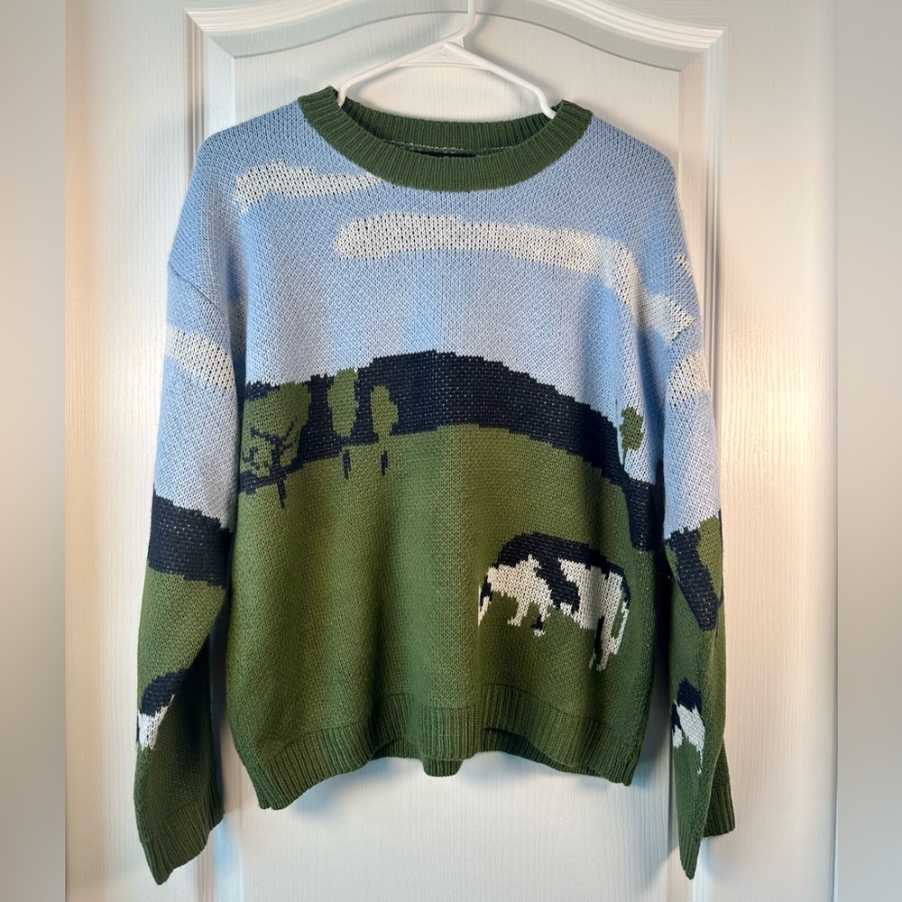 Shein Sweater Cow Print Farm Landscape Scene Cottagecore Knit Oversize Pullover